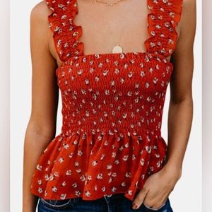 Red Floral Ruched Ruffle Women’s Tank Top Size Small